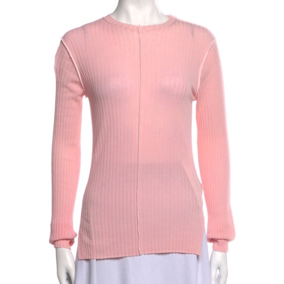 Celine Pink Ribbed Long Sleeve Knit Top With Contrast Trim (MED)